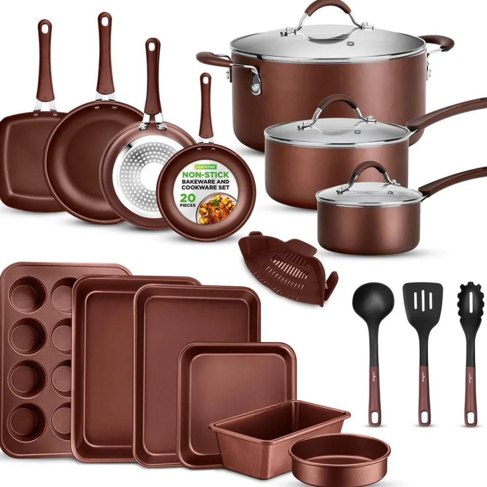 20-Piece Non-Stick Cookware Set, Even Heat, Cool-Touch Handles, Brown