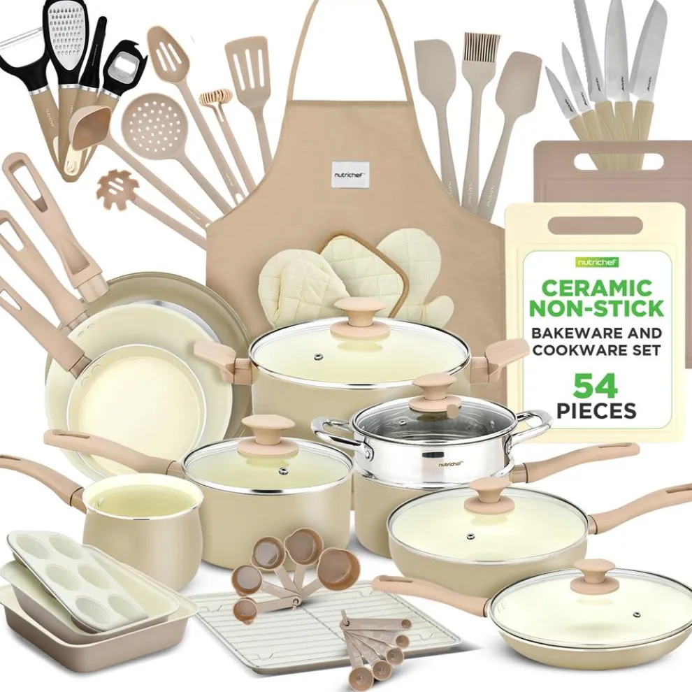 54-Piece Non-Stick Cookware Set, Even Heat Ceramic Coating, Taupe Brown