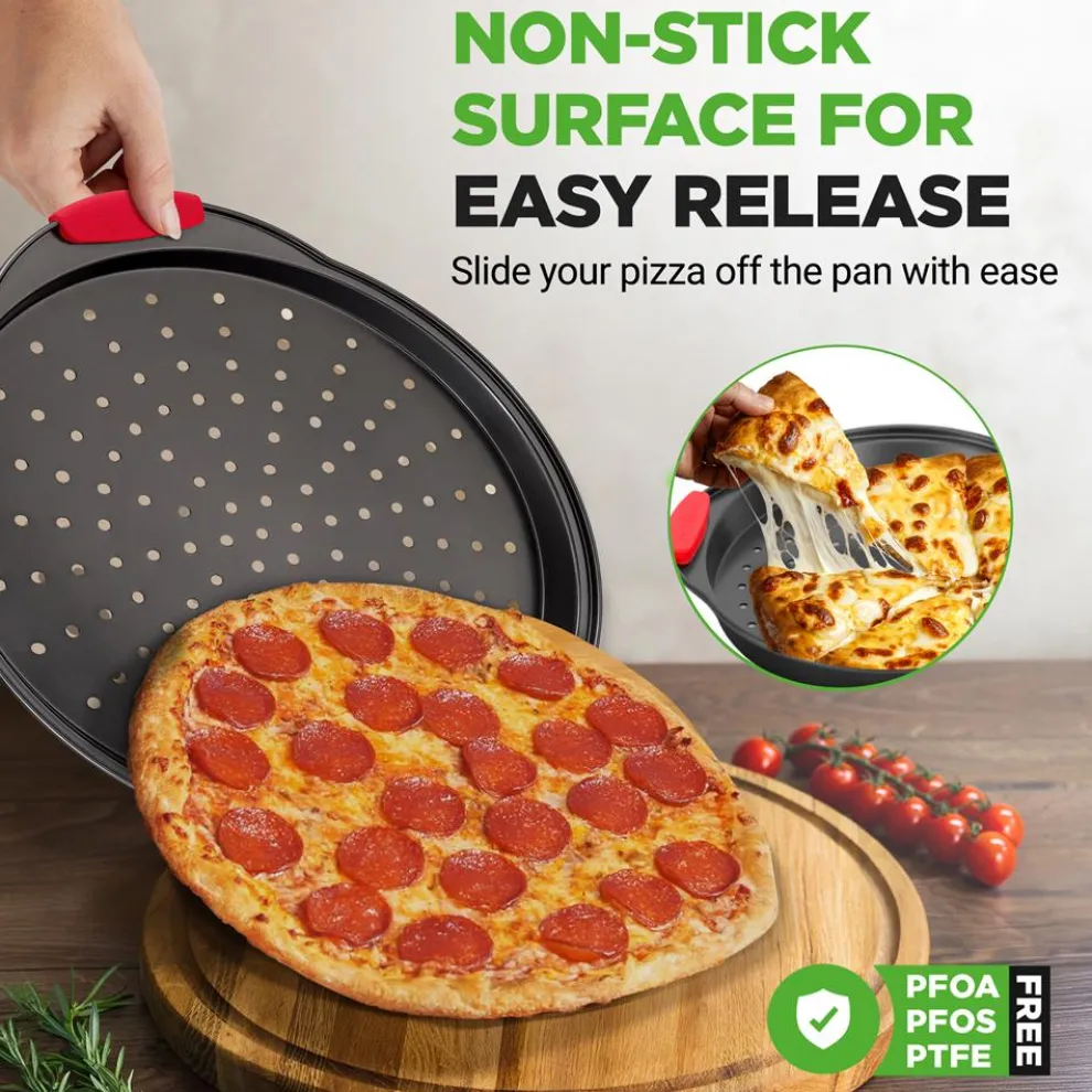 2-Piece Nonstick Pizza Tray Set, Easy Release, Carbon Steel, Gray