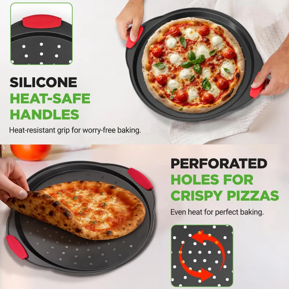 2-Piece Nonstick Pizza Tray Set, Easy Release, Carbon Steel, Gray