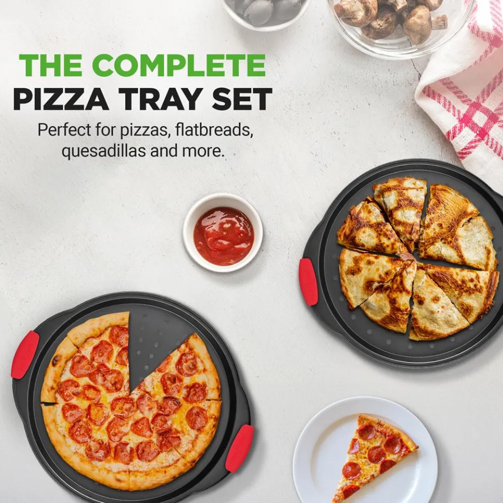 2-Piece Nonstick Pizza Tray Set, Easy Release, Carbon Steel, Gray