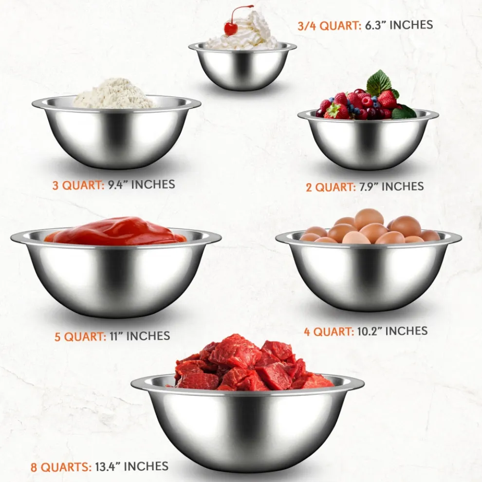 6-Piece Stainless Steel Mixing Bowls Set - Stackable, Dishwasher Safe