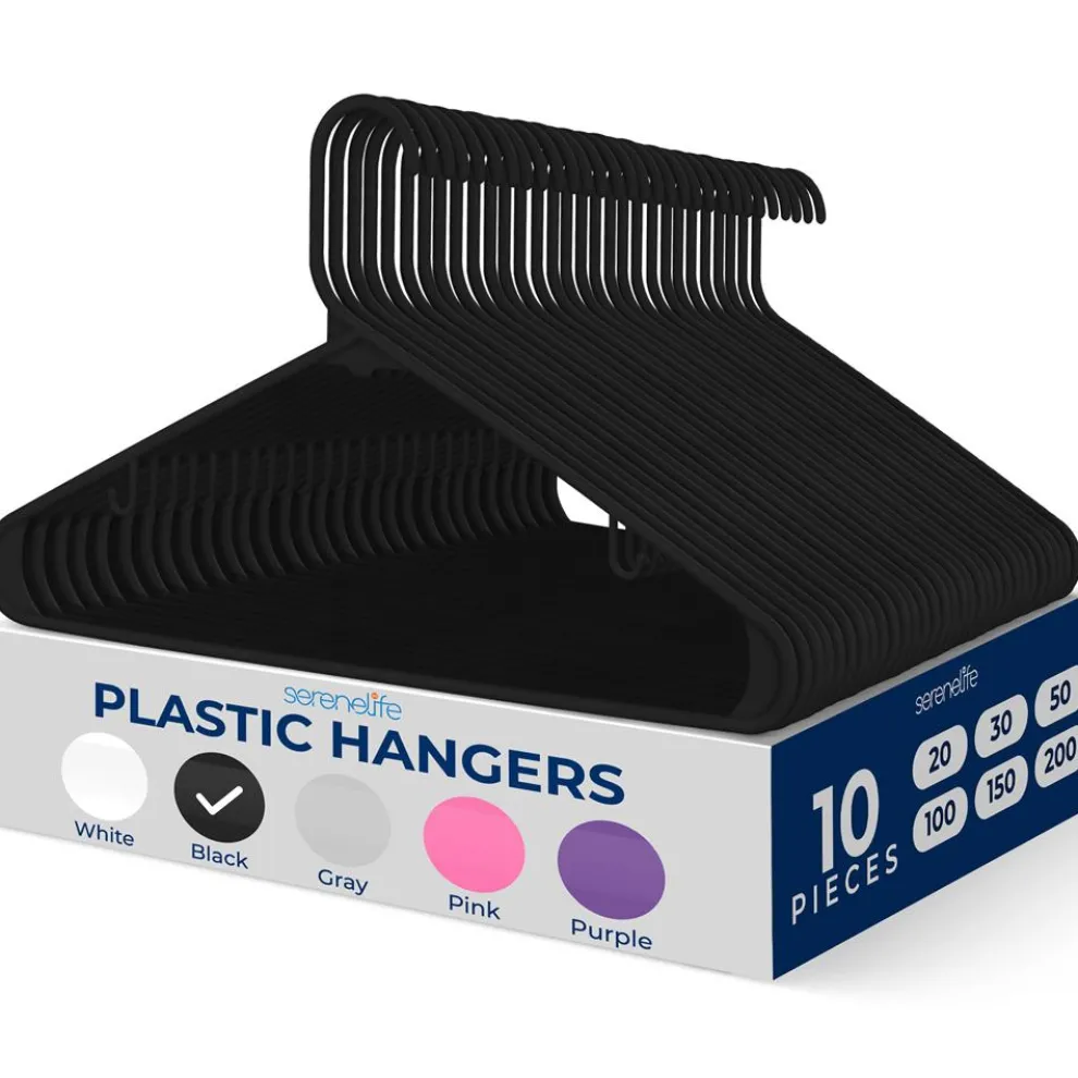 Plastic Hangers 10 Pack - Space-Saving, Non-Slip, Ultra-Thin, Black