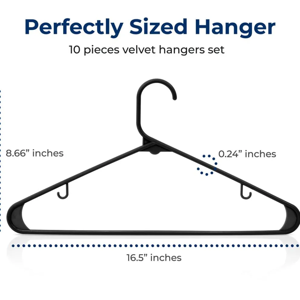 Plastic Hangers 10 Pack - Space-Saving, Non-Slip, Ultra-Thin, Black