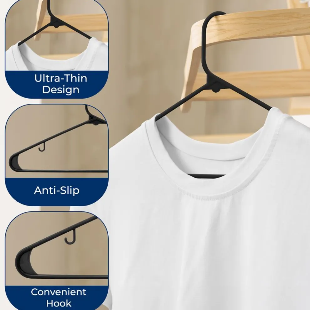 Plastic Hangers 10 Pack - Space-Saving, Non-Slip, Ultra-Thin, Black