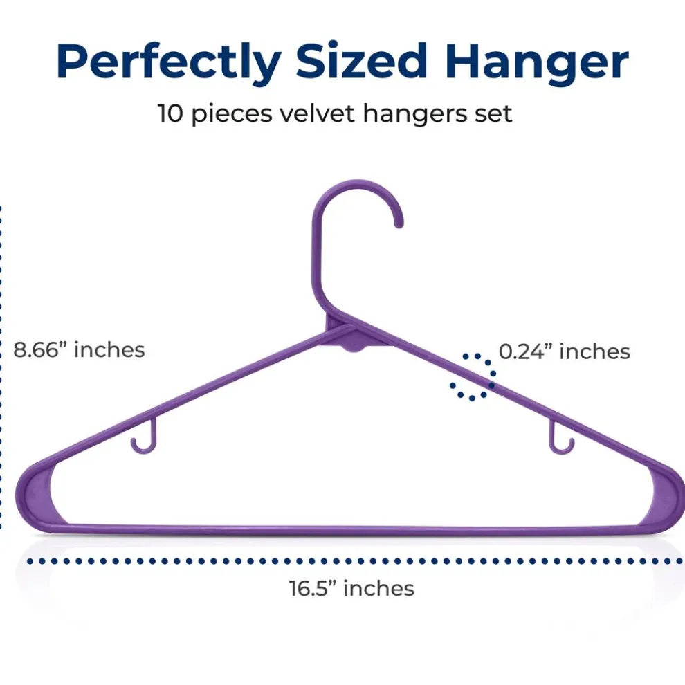 Plastic Hangers 10-Pack, Space-Saving Non-Slip Design, Purple