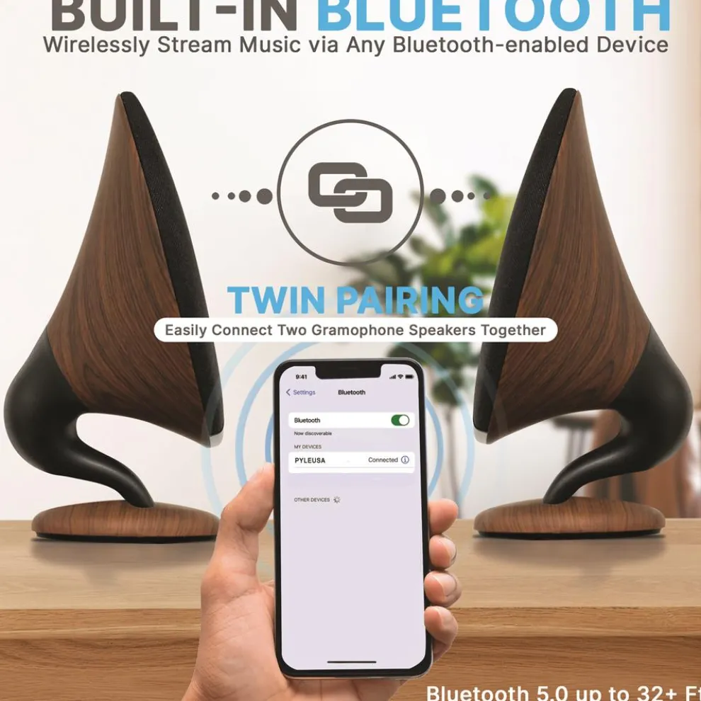 Portable Bluetooth Gramophone Speaker, Super Bass, Built-in Subwoofer, Oak