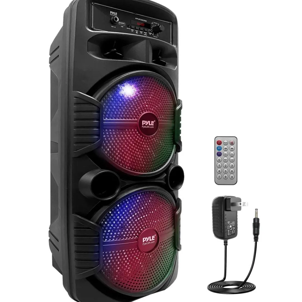 Portable Bluetooth PA Speaker 600W Rechargeable Dual 8" Subwoofer Party Lights