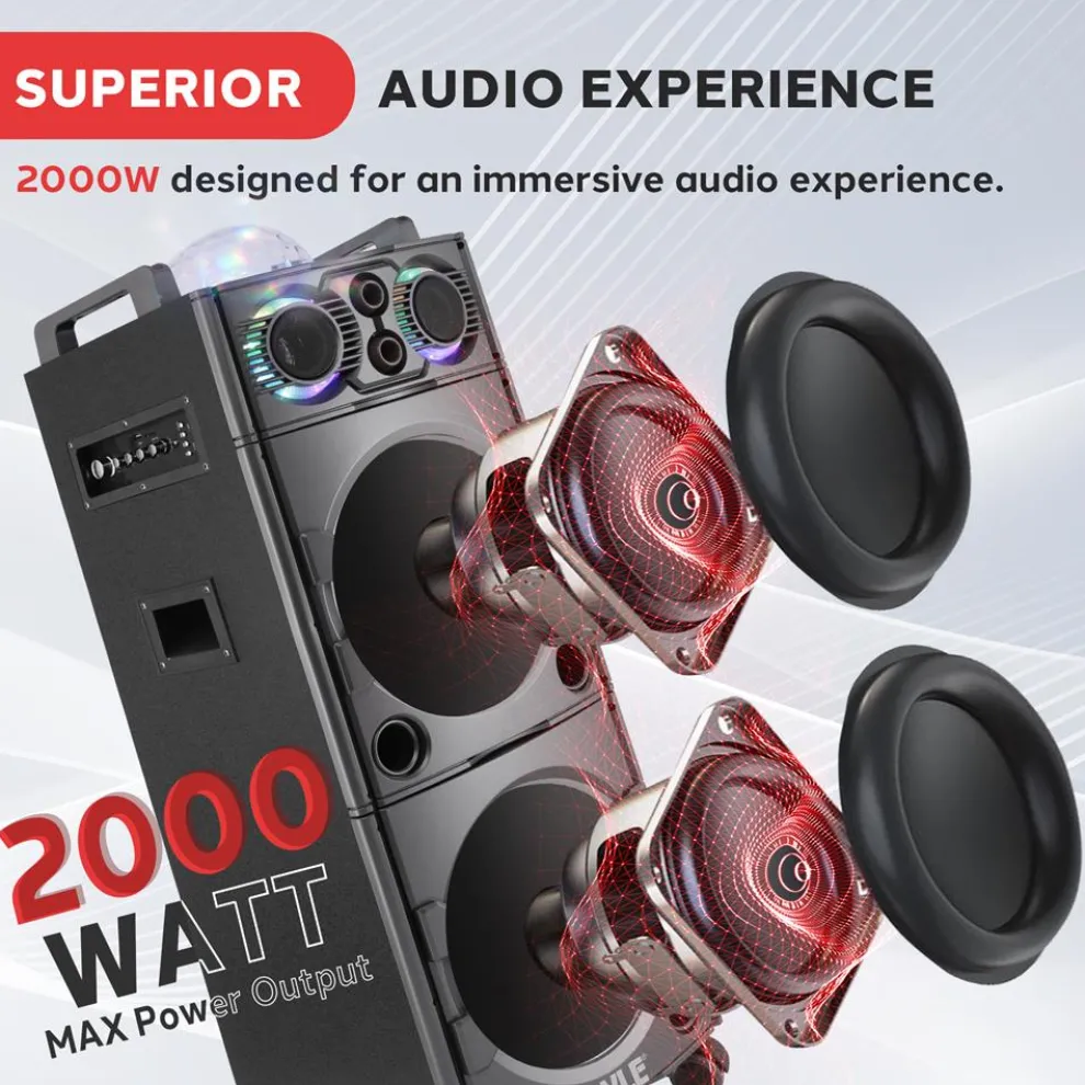 Portable Bluetooth PA Speaker 2000W, DJ Lights, Wireless Mic, USB/SD, Wheels