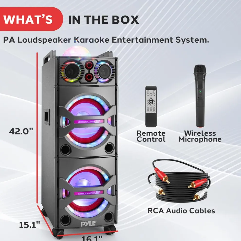 Portable Bluetooth PA Speaker 2000W, DJ Lights, Wireless Mic, USB/SD, Wheels