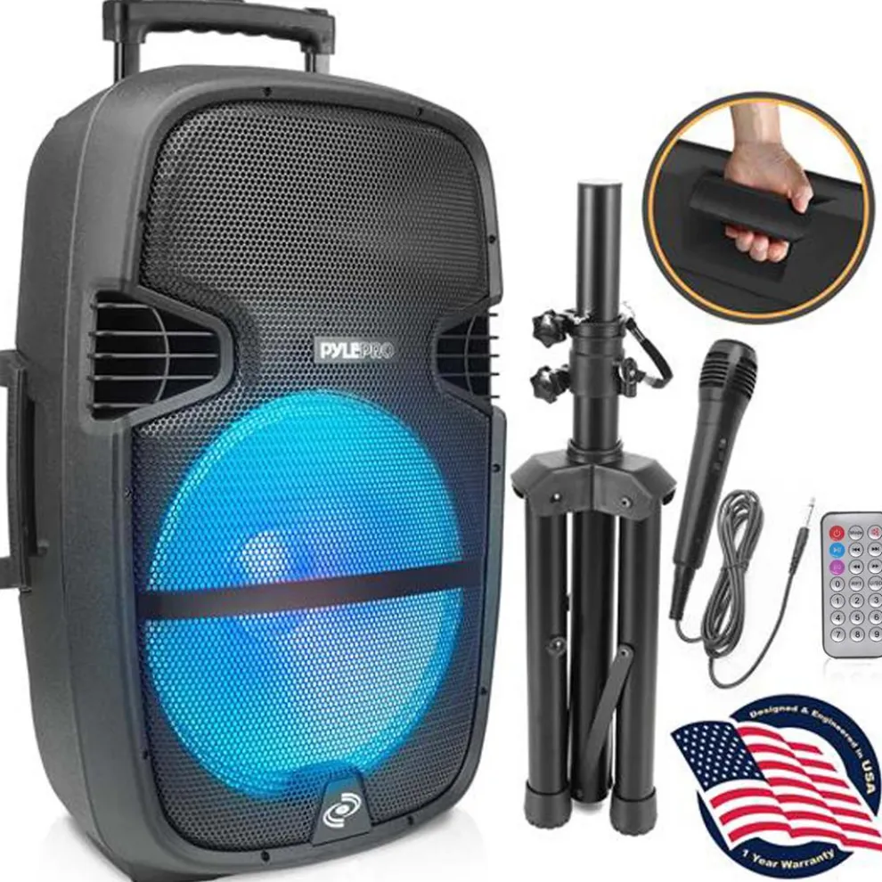 Portable Bluetooth PA Speaker 1000W, 15" Subwoofer, Party Lights, Blue