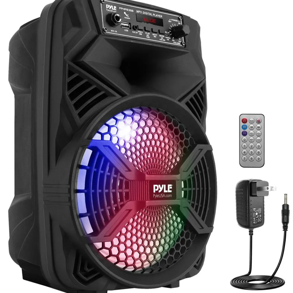 Portable Bluetooth PA Speaker 300W Rechargeable 8" Subwoofer 3-ohm Party Lights