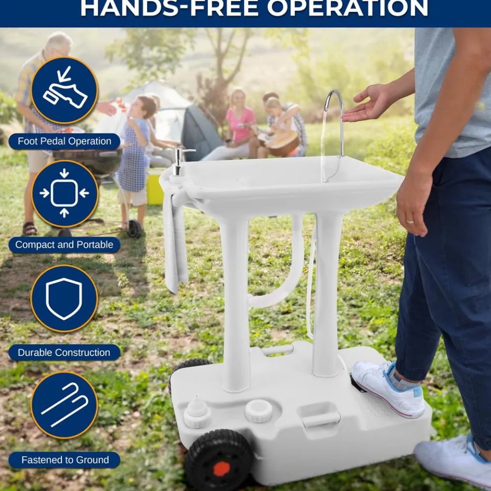 Portable Camping Sink, Hands-Free Use, 30L Tank, Large Wheels