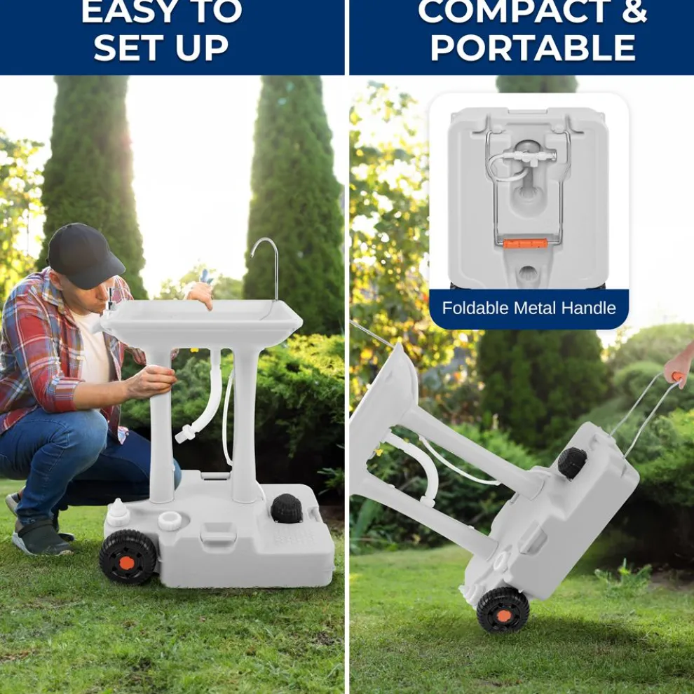 Portable Camping Sink, Hands-Free Use, 30L Tank, Large Wheels