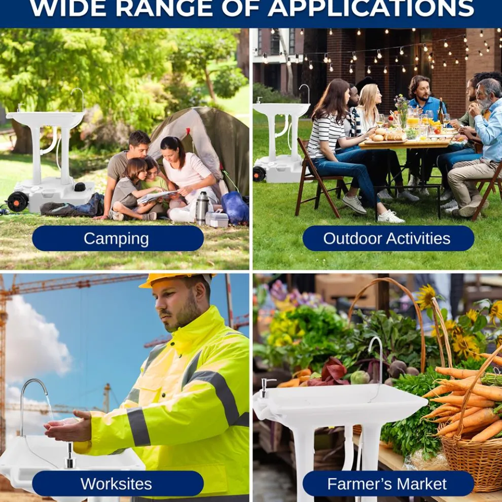 Portable Camping Sink, Hands-Free Use, 30L Tank, Large Wheels