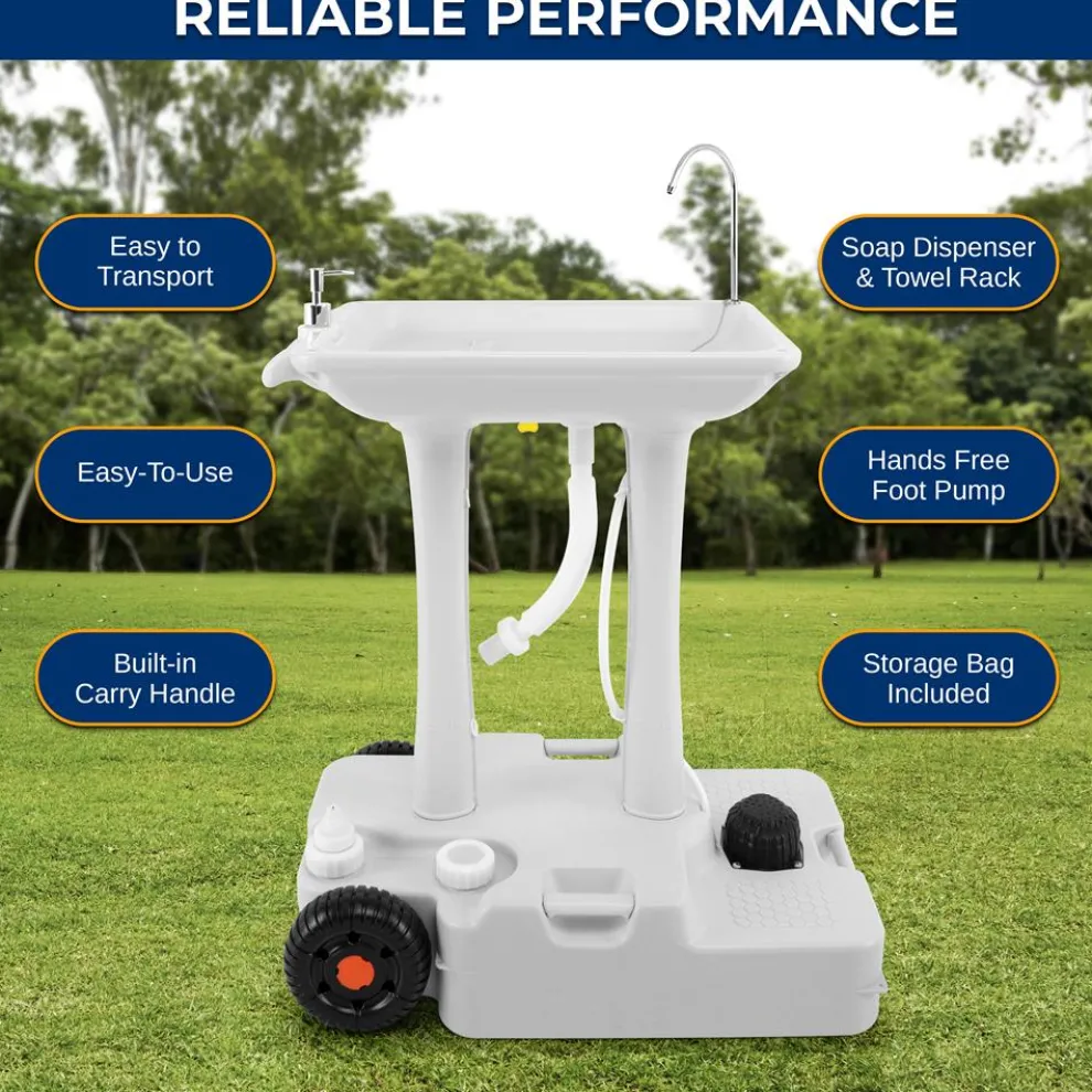 Portable Camping Sink, Hands-Free Use, 30L Tank, Large Wheels