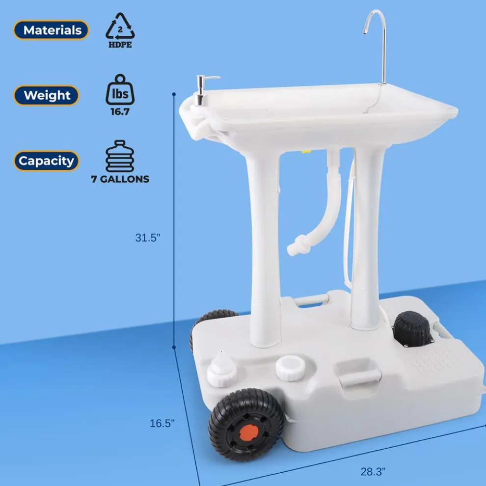Portable Camping Sink, Hands-Free Use, 30L Tank, Large Wheels