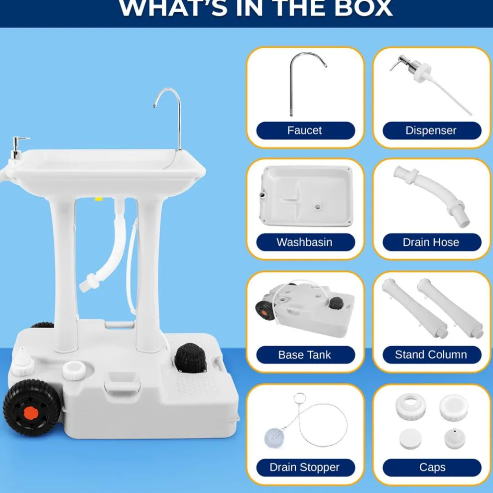 Portable Camping Sink, Hands-Free Use, 30L Tank, Large Wheels