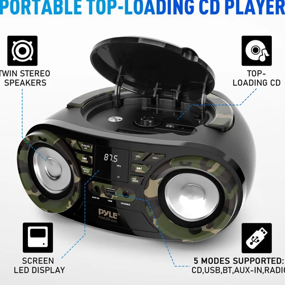 Portable CD Player Boombox, Bluetooth, 50W, Camouflage Design