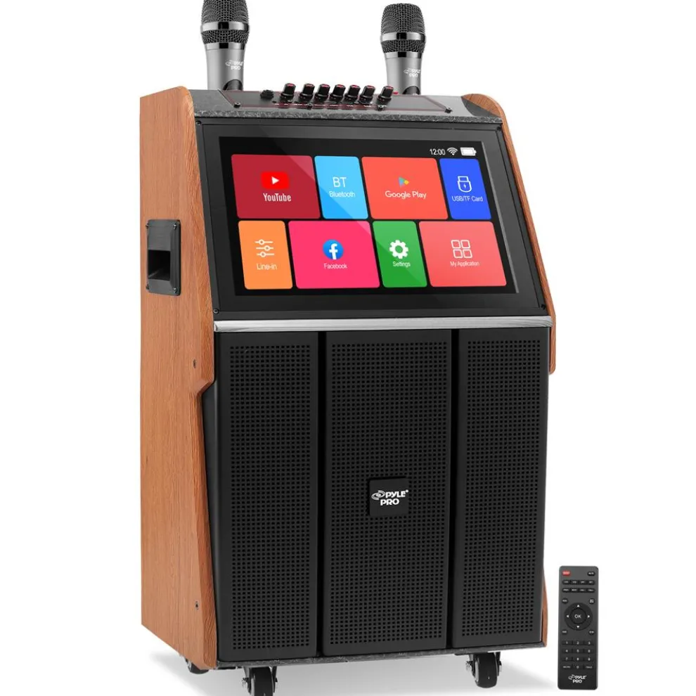 Portable Karaoke Machine, 18.5" Touch Screen, Dual Wireless Mics, Wood/ABS