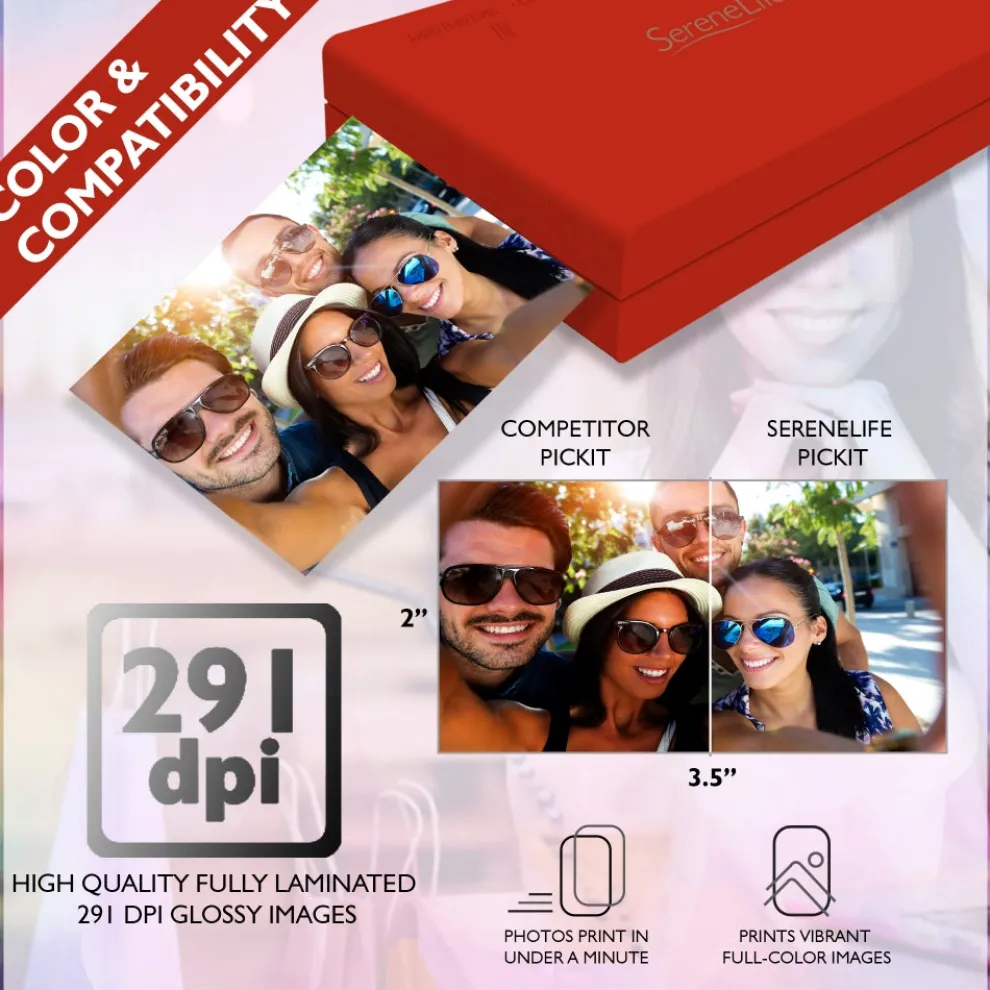 Portable Photo Printer - Instant Wireless Prints, 291dpi, Red