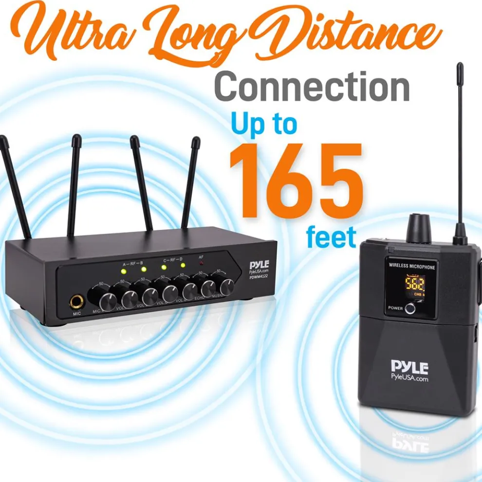 Portable UHF Wireless Mic System - 4 Mics, Bluetooth, Battery Operated