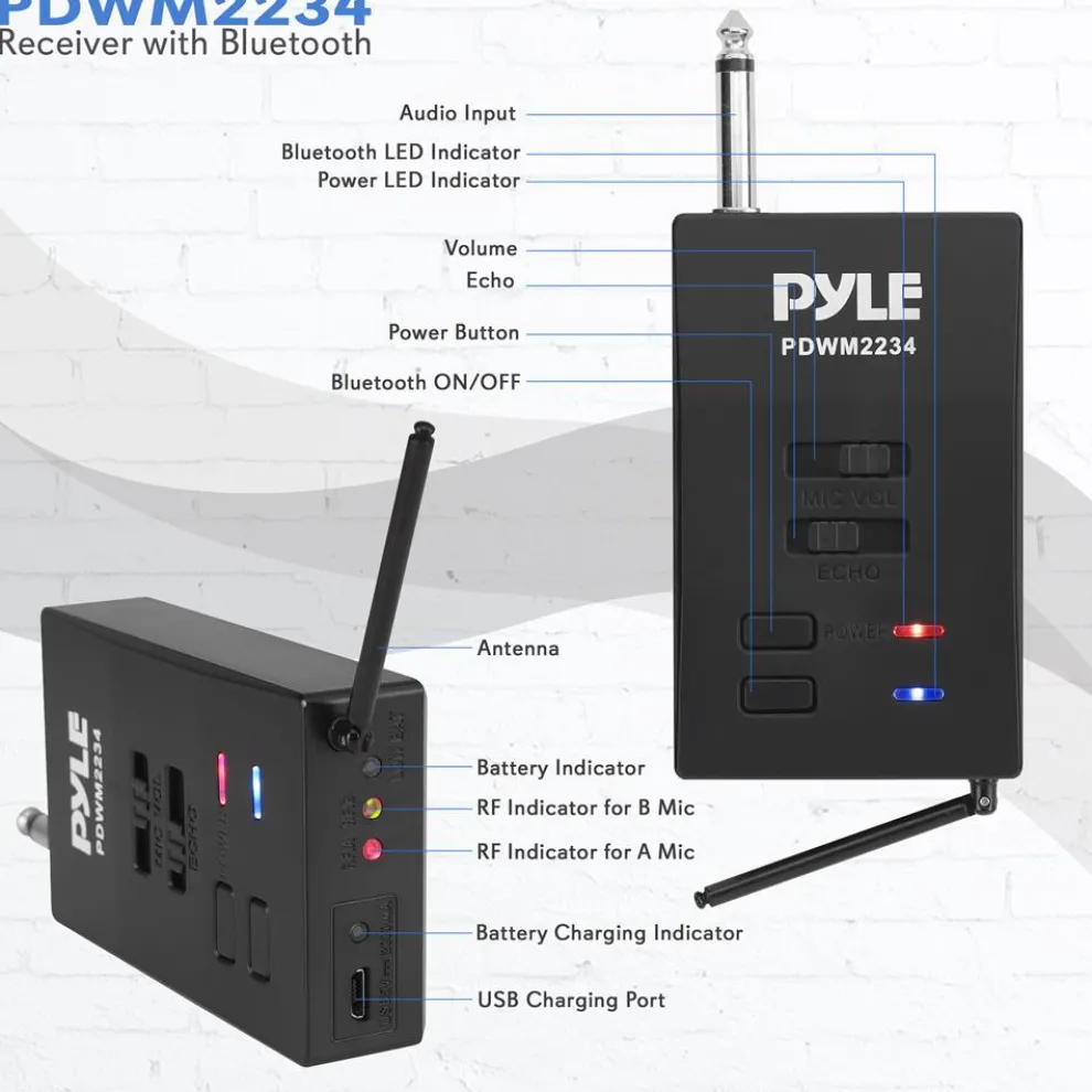 Portable Wireless Mic System, Rechargeable, Bluetooth, Dual Mics, Black