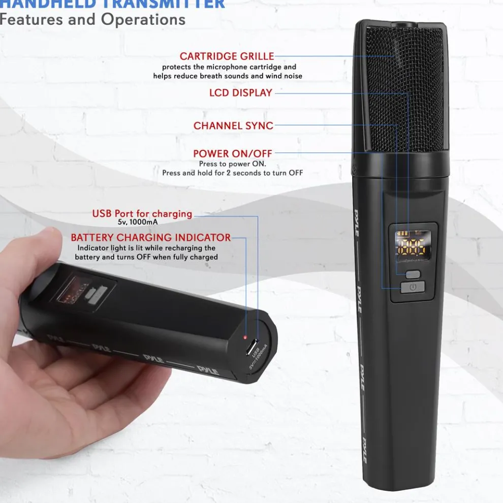 Portable Wireless Mic System, Rechargeable, Bluetooth, Dual Mics, Black