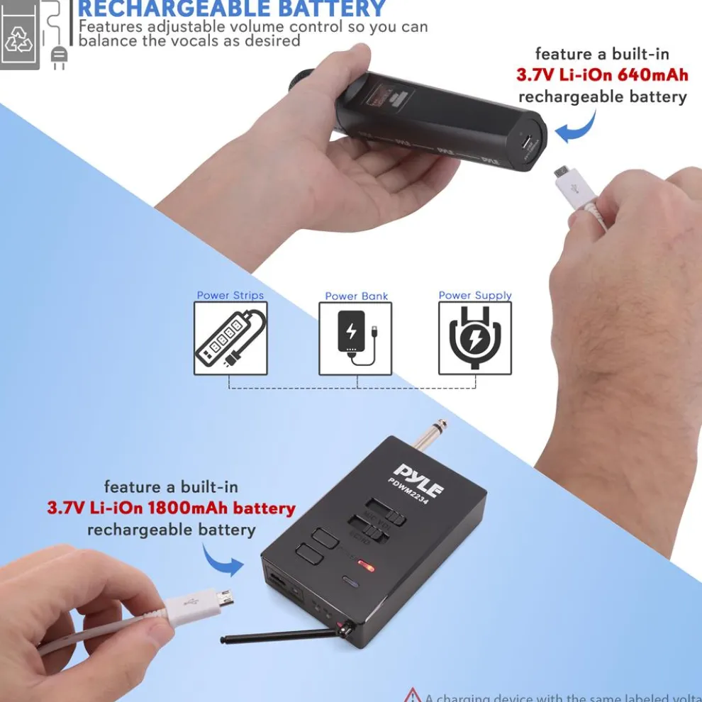 Portable Wireless Mic System, Rechargeable, Bluetooth, Dual Mics, Black