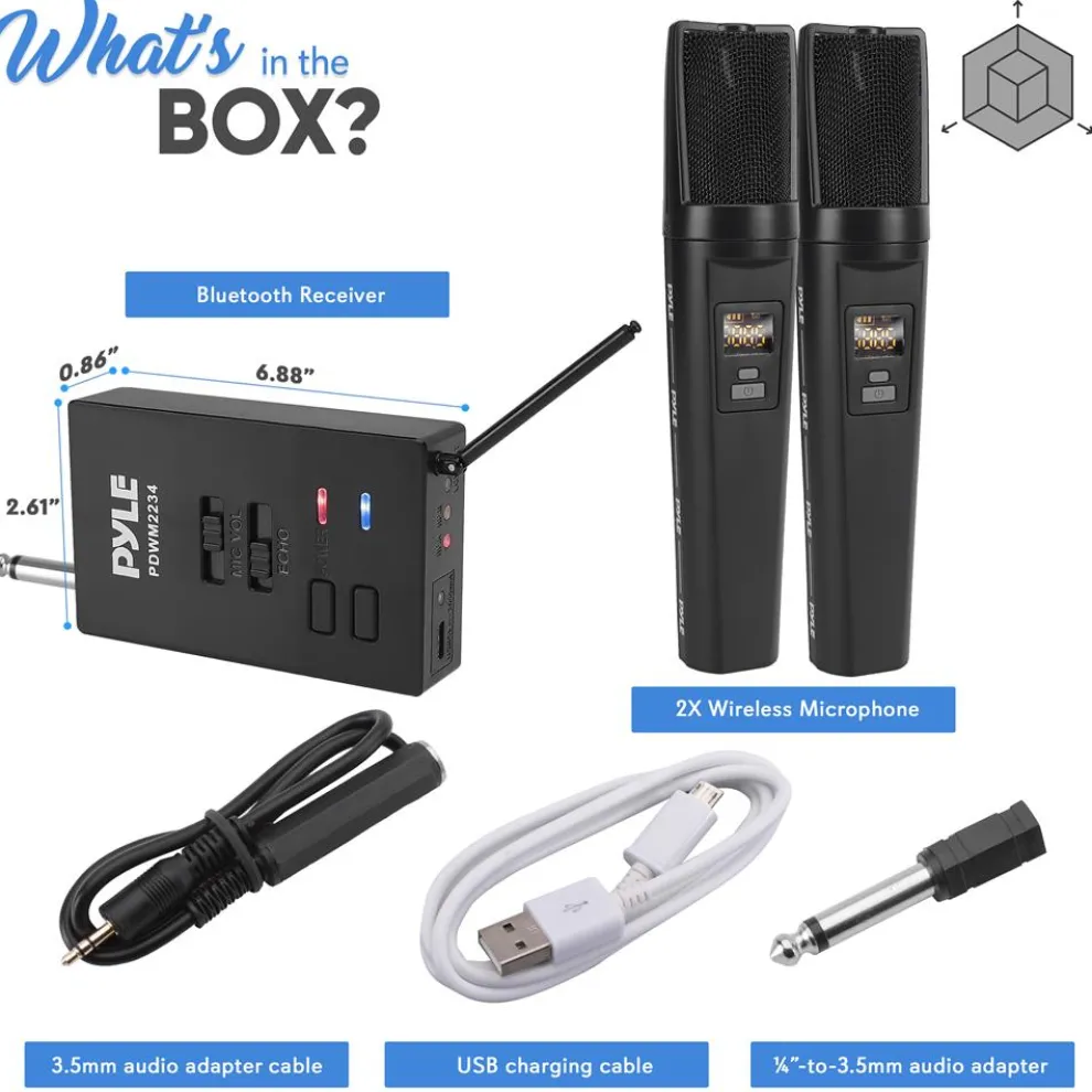 Portable Wireless Mic System, Rechargeable, Bluetooth, Dual Mics, Black