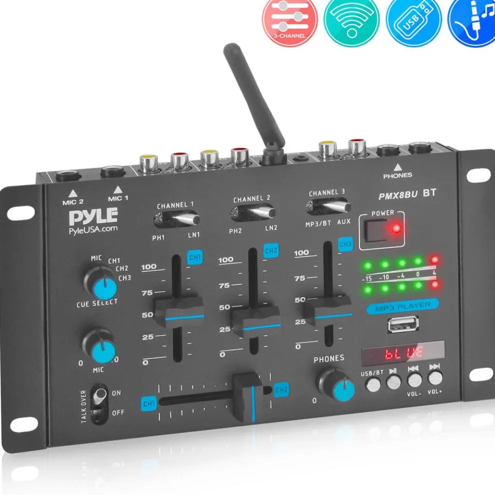 Professional 3-Channel Wireless DJ Mixer with Bluetooth, USB, and