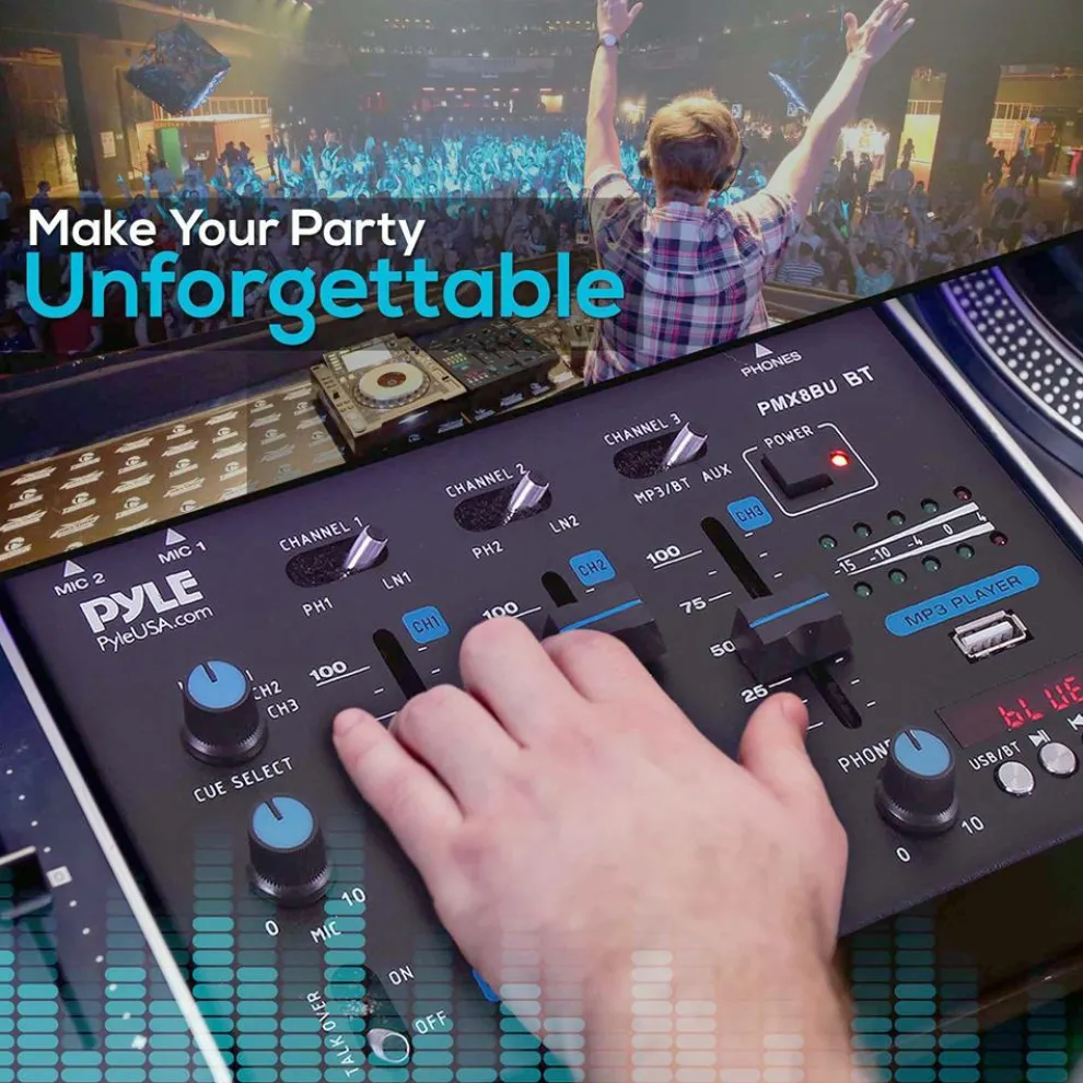 Professional 3-Channel Wireless DJ Mixer with Bluetooth, USB, and