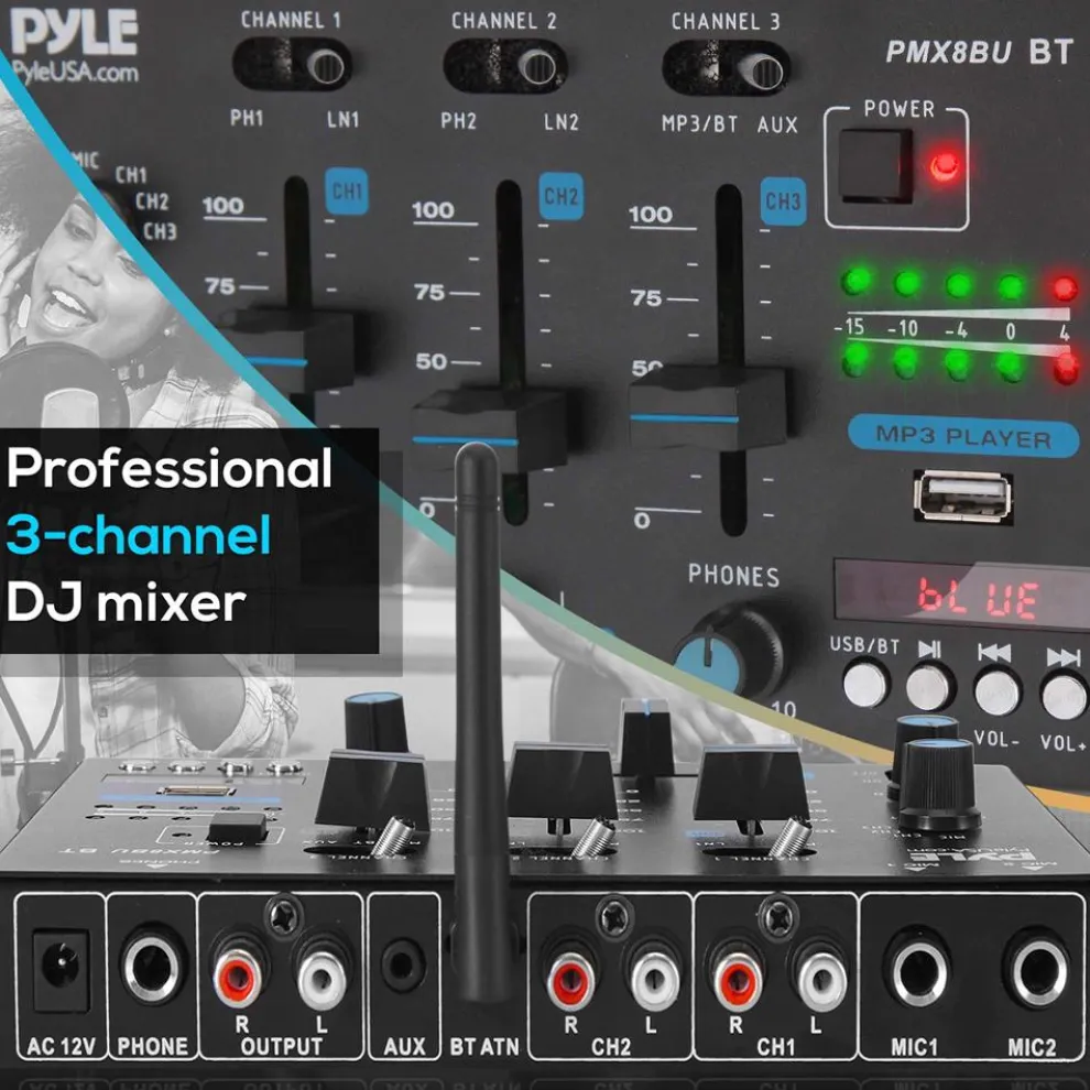 Professional 3-Channel Wireless DJ Mixer with Bluetooth, USB, and