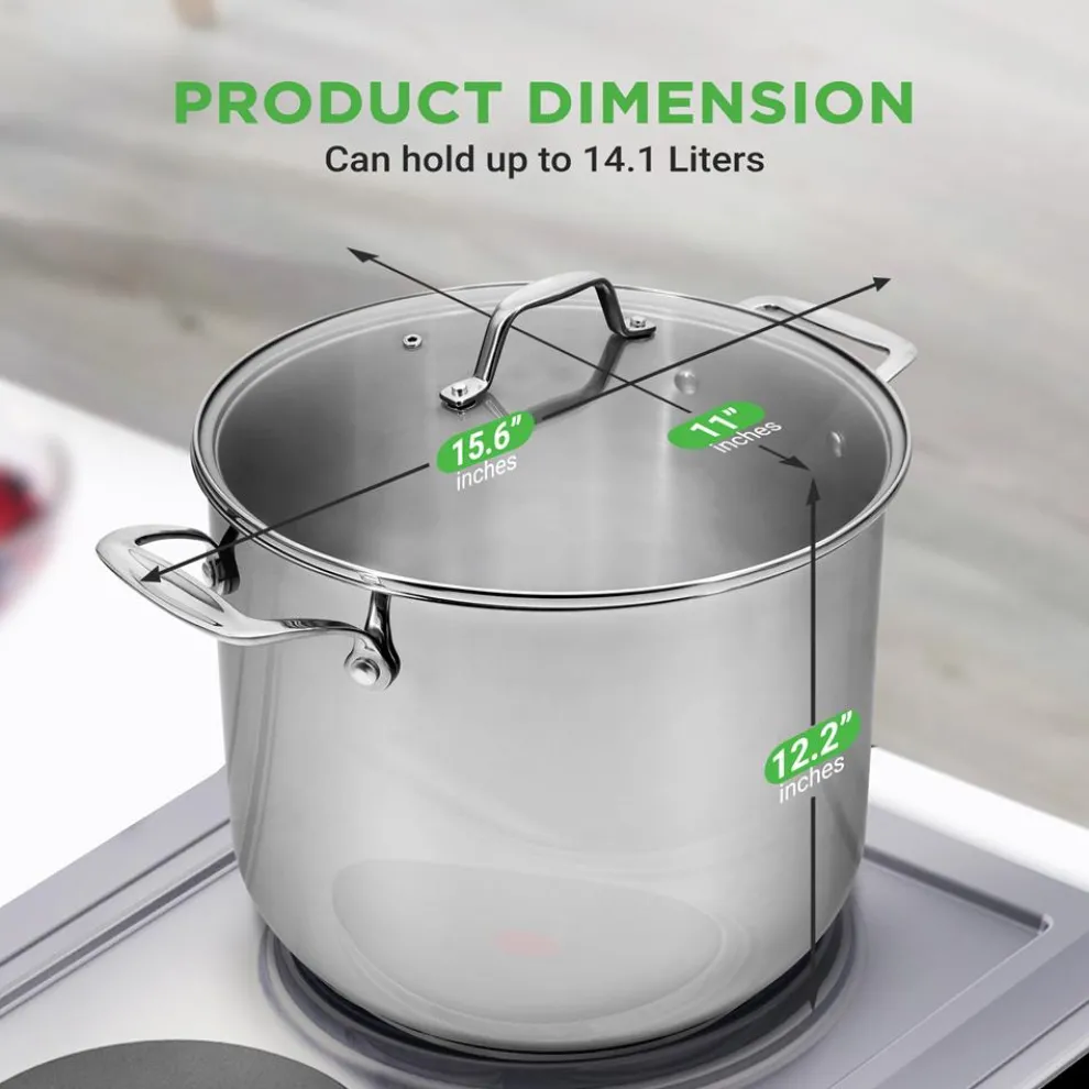 15-Quart Stainless Steel Stock Pot, Induction Safe, Tempered Glass Lid