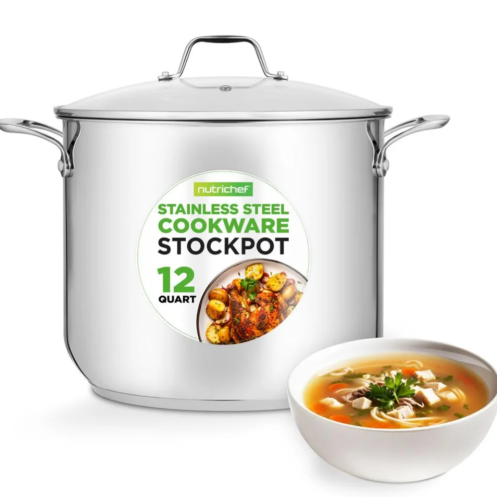 12-Quart Stock Pot, Even Heat, Stainless Steel, Tempered Glass Lid