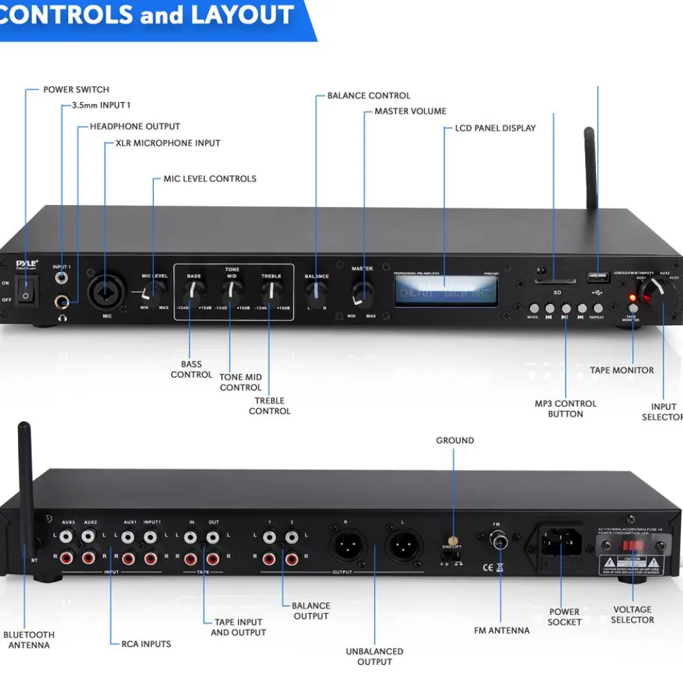 Rack Mount Pre-Amplifier - Bluetooth Streaming, Recording Mode, Metal Panel
