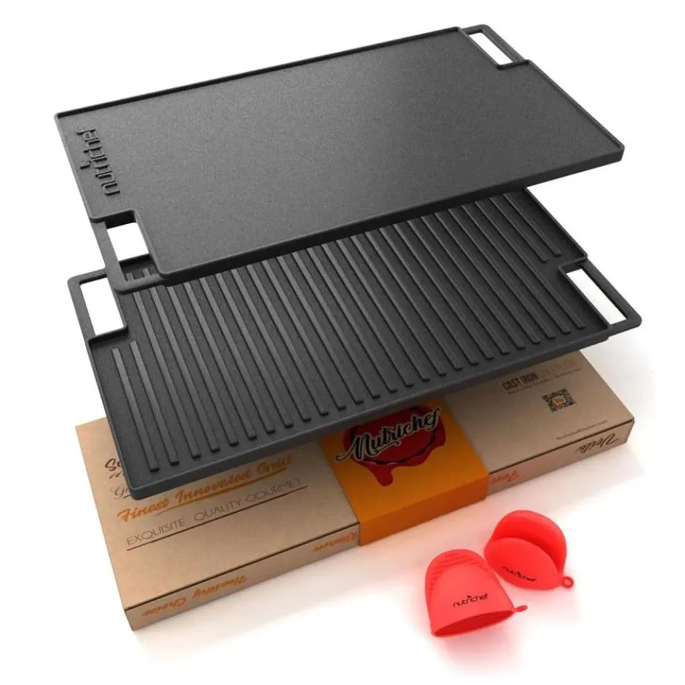 Reversible Cast Iron Grill Pan, Even Heat, 18" Flat & Ridged, Includes Mitt