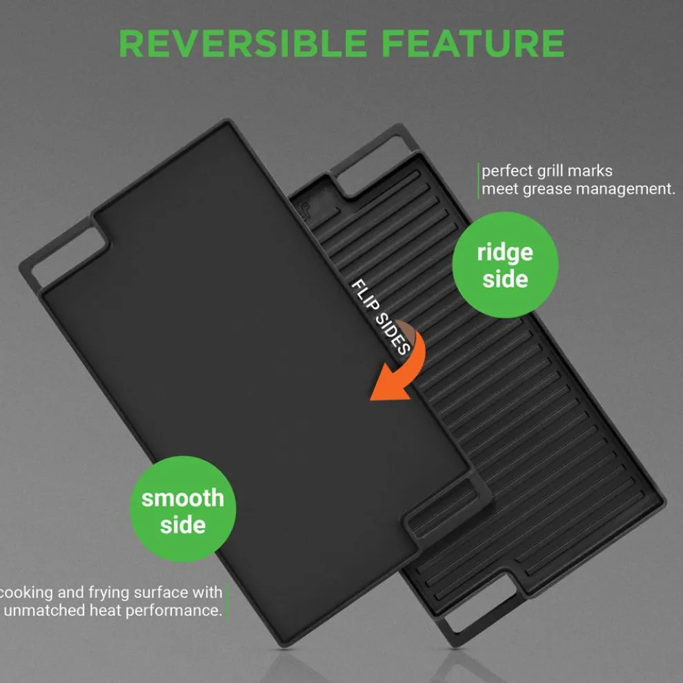 Reversible Cast Iron Grill Pan, Even Heat, 18
