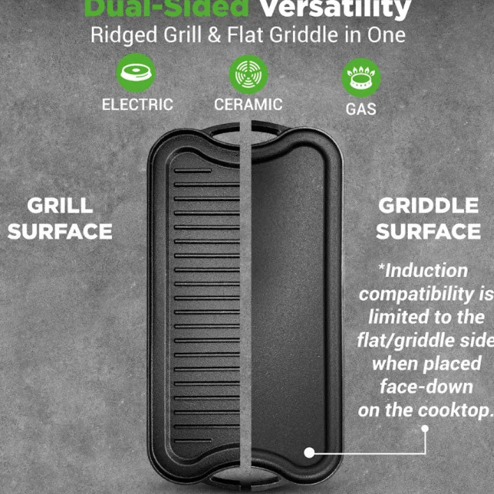Reversible Cast Iron Griddle - Even Heat, Extra-Wide, Oven Safe