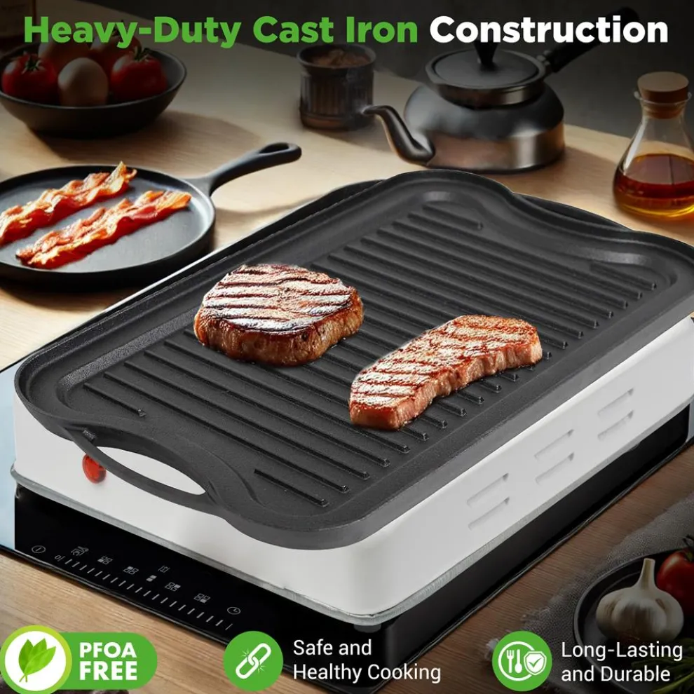 Reversible Cast Iron Griddle - Even Heat, Extra-Wide, Oven Safe