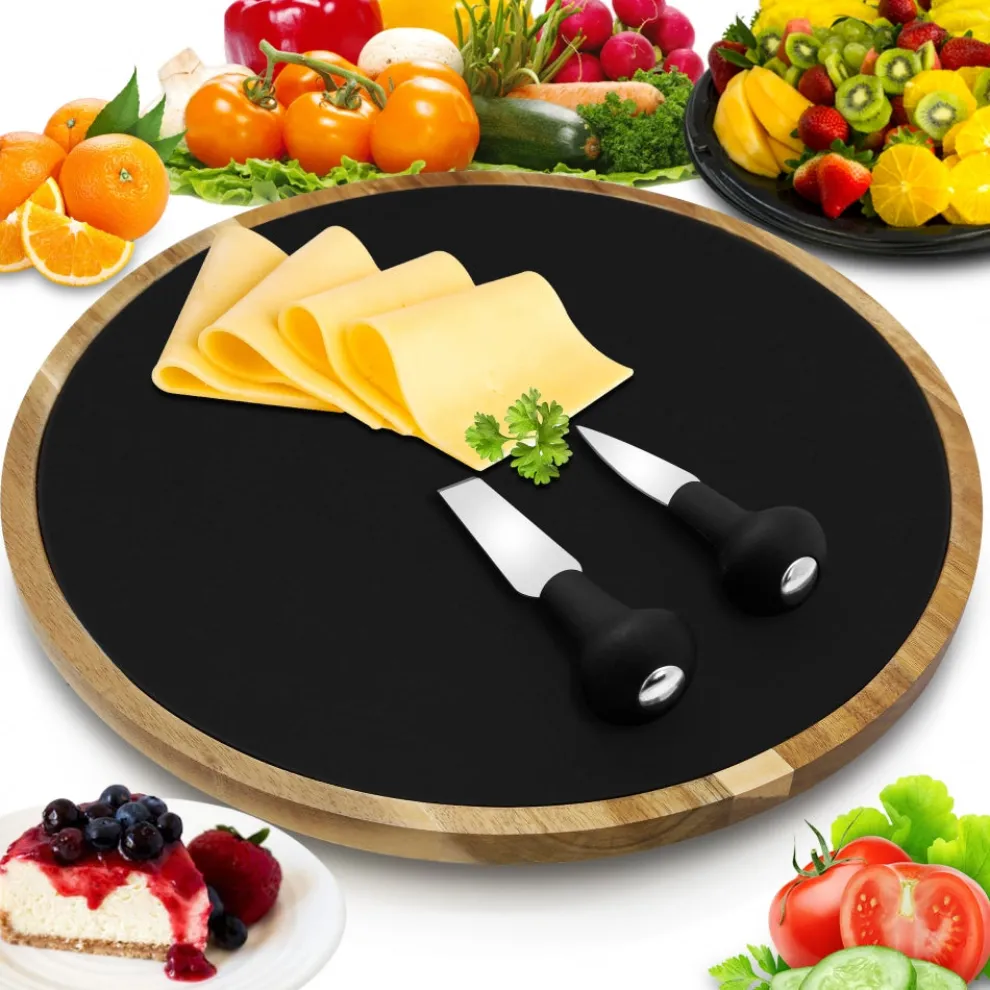 Rotating Cheese Board Set - Easy Serving - Acacia Wood & Slate Stone