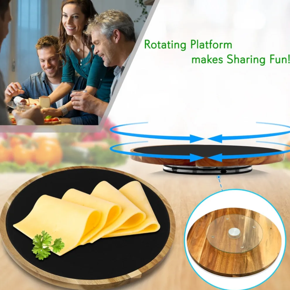 Rotating Cheese Board Set - Easy Serving - Acacia Wood & Slate Stone