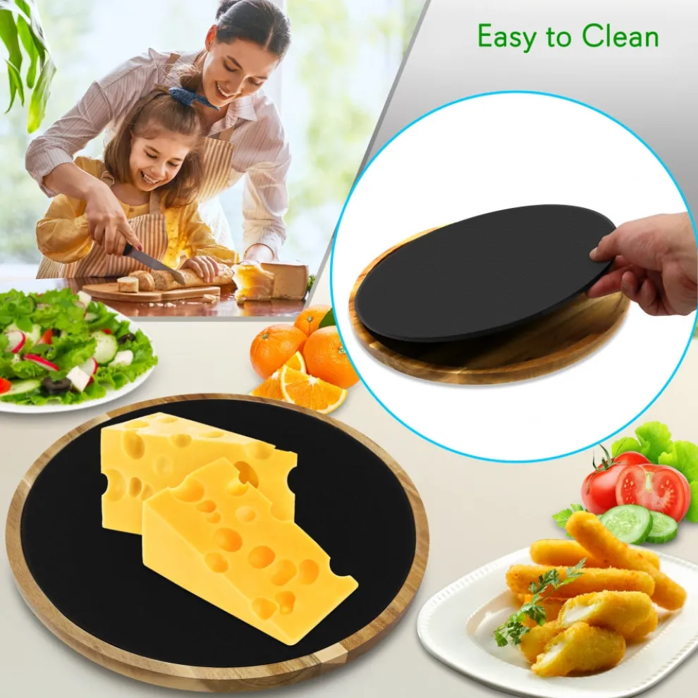 Rotating Cheese Board Set - Easy Serving - Acacia Wood & Slate Stone