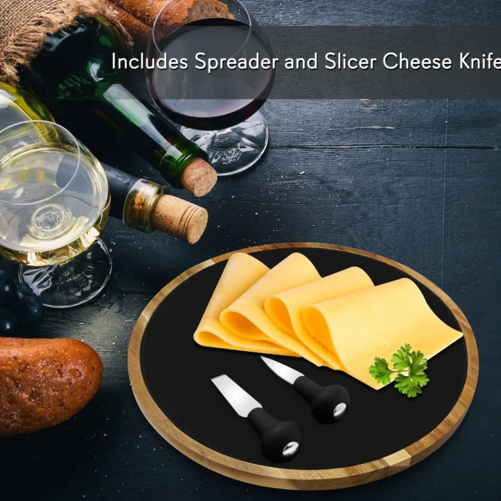 Rotating Cheese Board Set - Easy Serving - Acacia Wood & Slate Stone