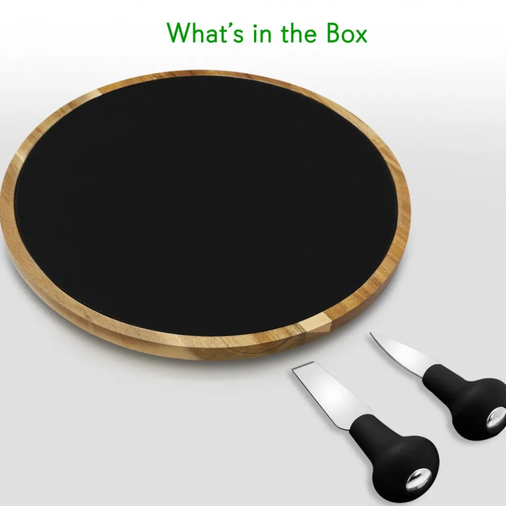 Rotating Cheese Board Set - Easy Serving - Acacia Wood & Slate Stone