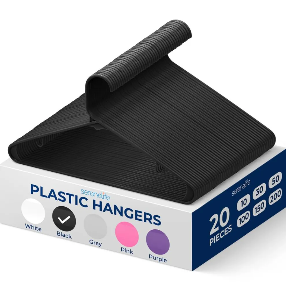 SereneLife Premium 20 Pack Plastic Hangers, Lightweight, Durable, Space Saving Clothes Organizers, Suitable for Shirts, Sweaters, Hoodies, Dresses, Kids Clothes, Good For Home Organization (Black)
