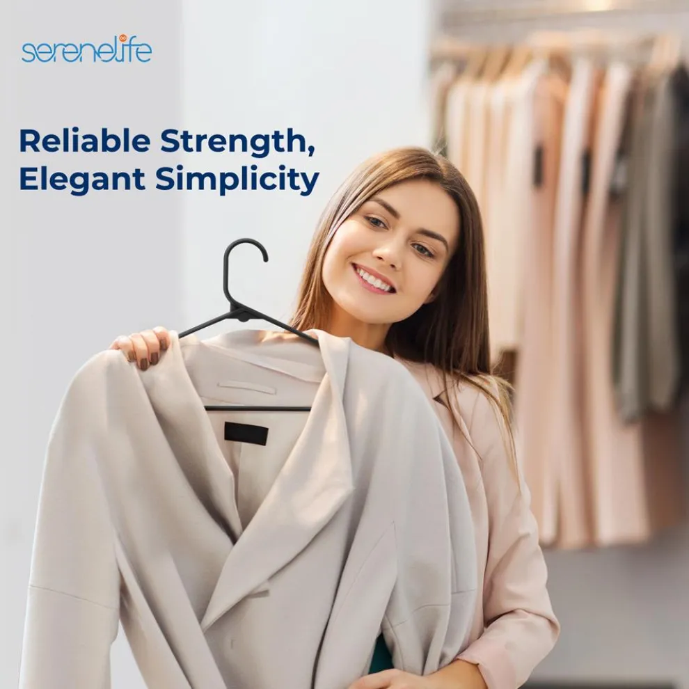 SereneLife Premium 20 Pack Plastic Hangers, Lightweight, Durable, Space Saving Clothes Organizers, Suitable for Shirts, Sweaters, Hoodies, Dresses, Kids Clothes, Good For Home Organization (Black)