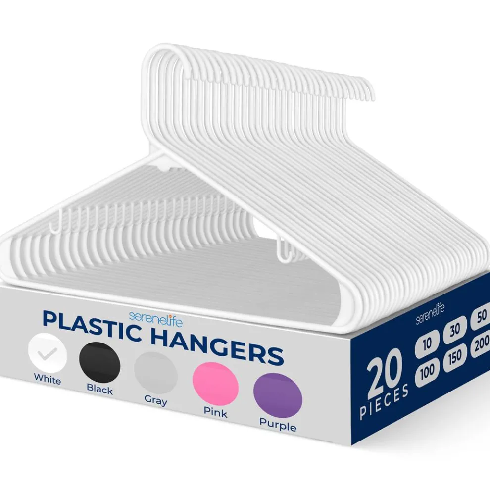 SereneLife Premium 20 Pack Plastic Hangers, Lightweight, Durable, Space Saving Clothes Organizers, Suitable for Shirts, Sweaters, Hoodies, Dresses, Kids Clothes, Good For Home Organization (White)