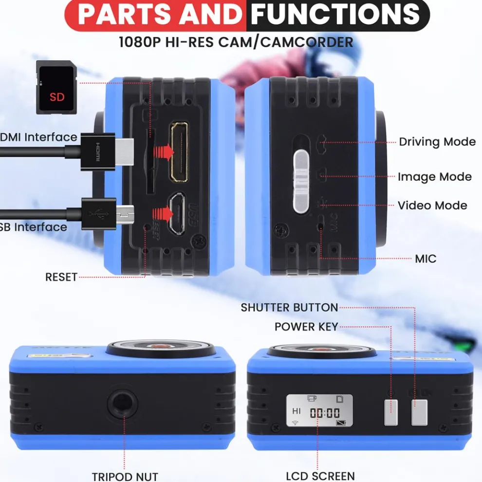 Sports Action Camera 1080p HD Wi-Fi Waterproof Case Blue