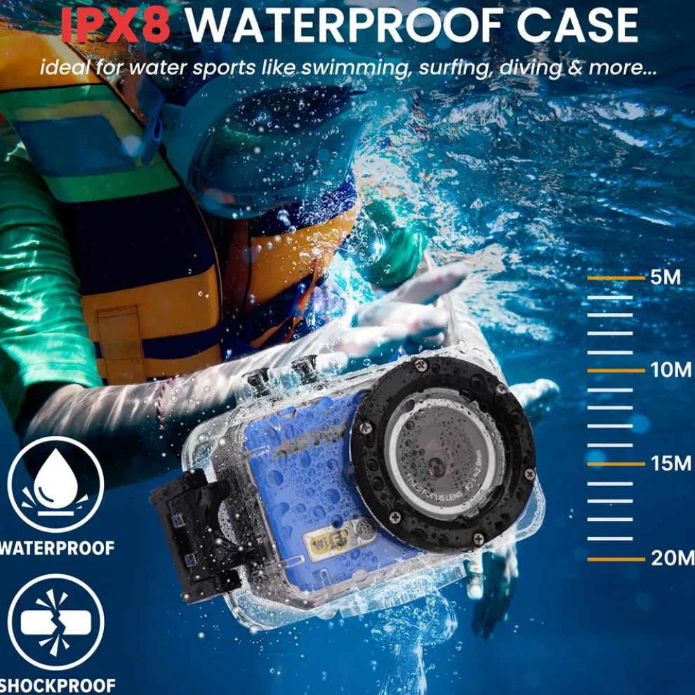 Sports Action Camera 1080p HD Wi-Fi Waterproof Case Blue